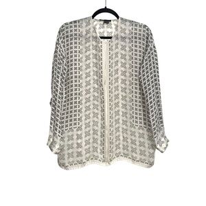 Vince Silk Ivory and Gray Geometric Patterned Long Sleeve Blouse SMALL